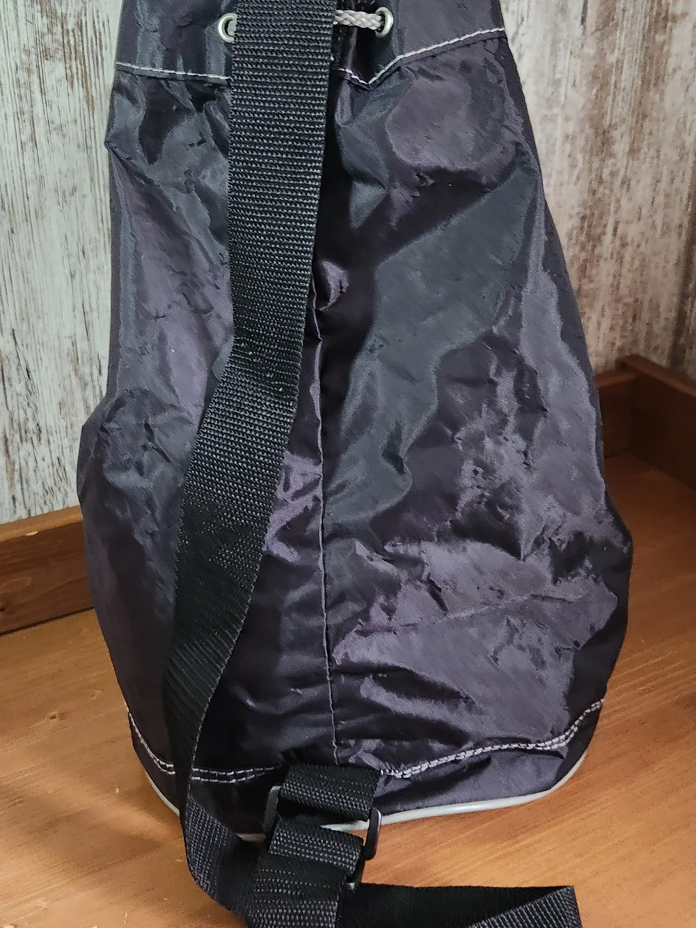 Nylon Black Drawstring Sling Backpack Tote Light Gray Accents Swim Gym Shoe Bag